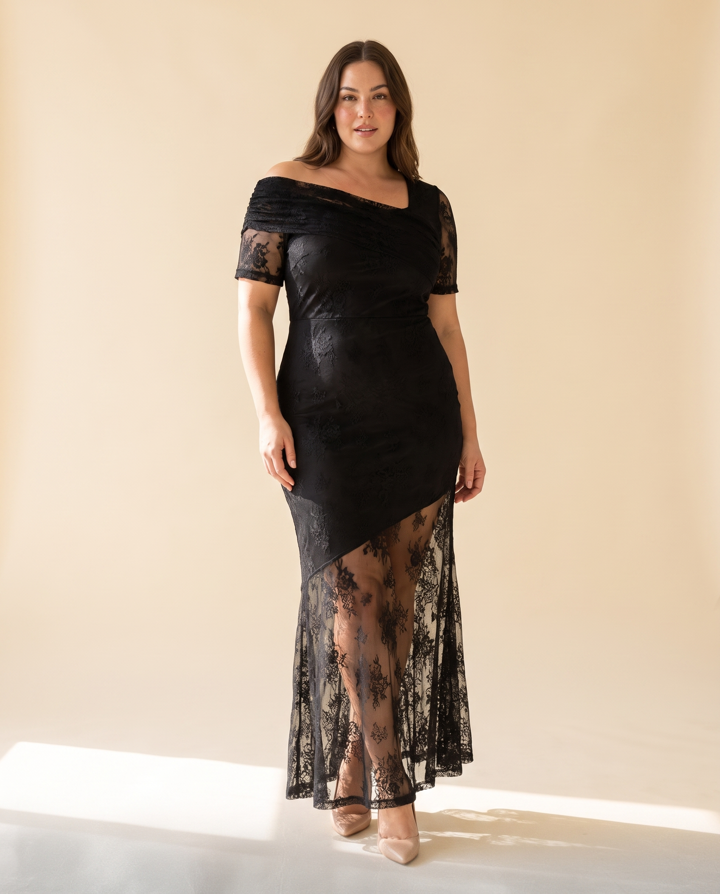 Plus Size Black Lace Off Shoulder Formal Dress