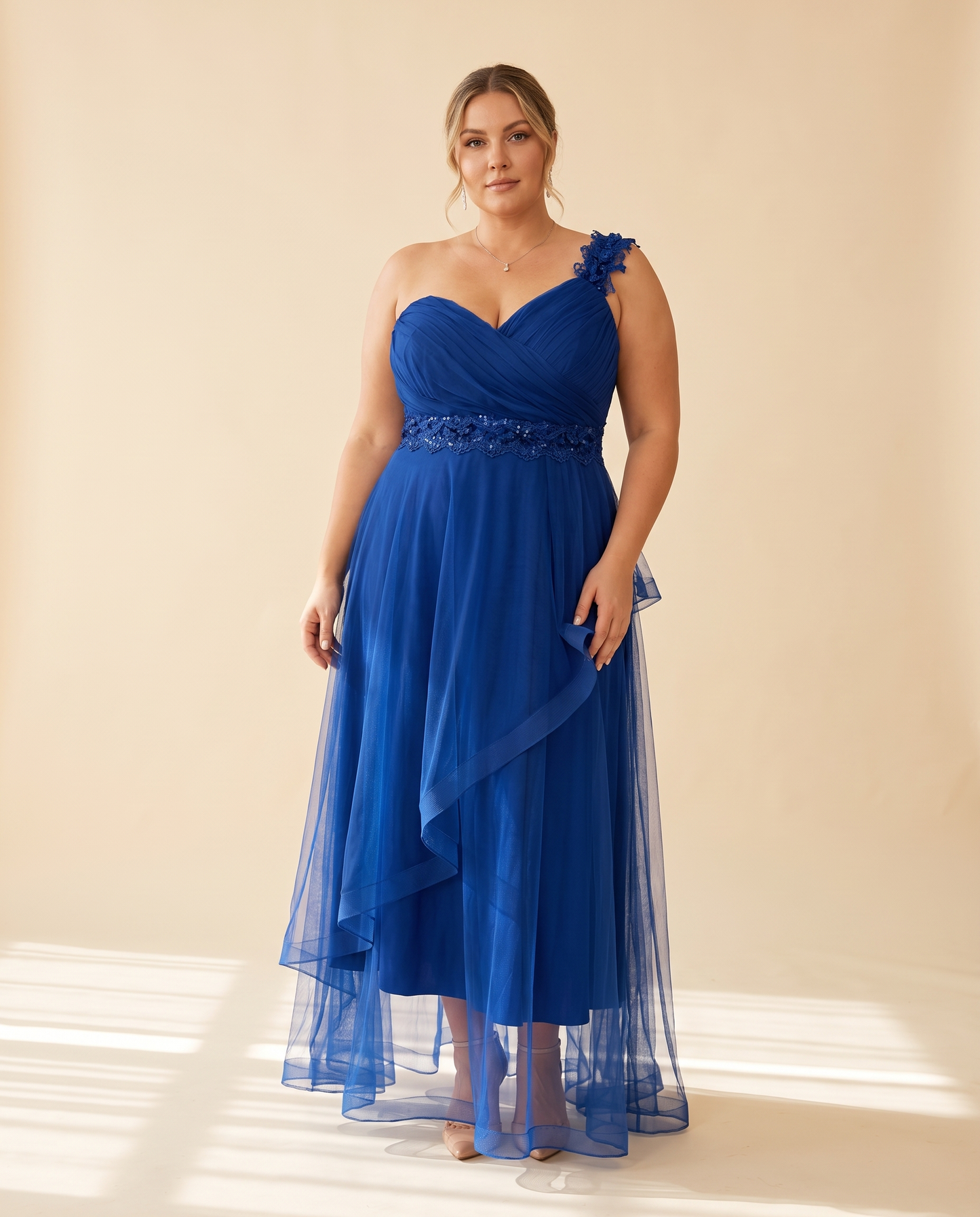 Plus Size Royal Blue One Shoulder Formal Gown