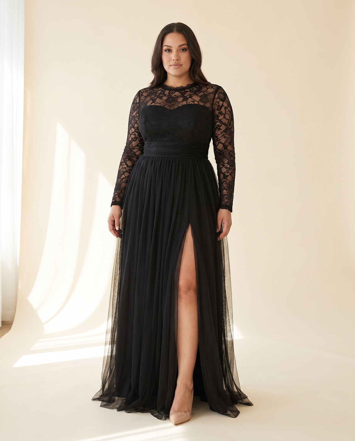 Plus Size Black Lace Sleeve Formal Evening Gown