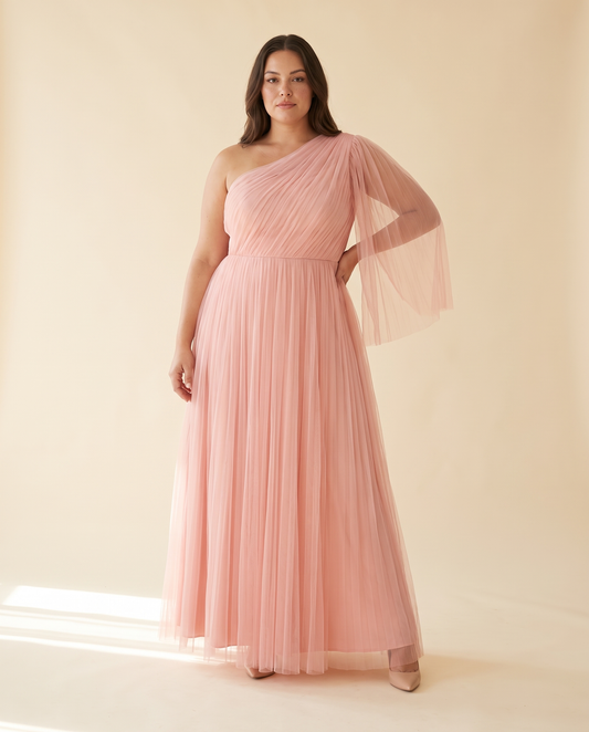Plus Size Blush Tulle One Shoulder Wedding Guest Dress