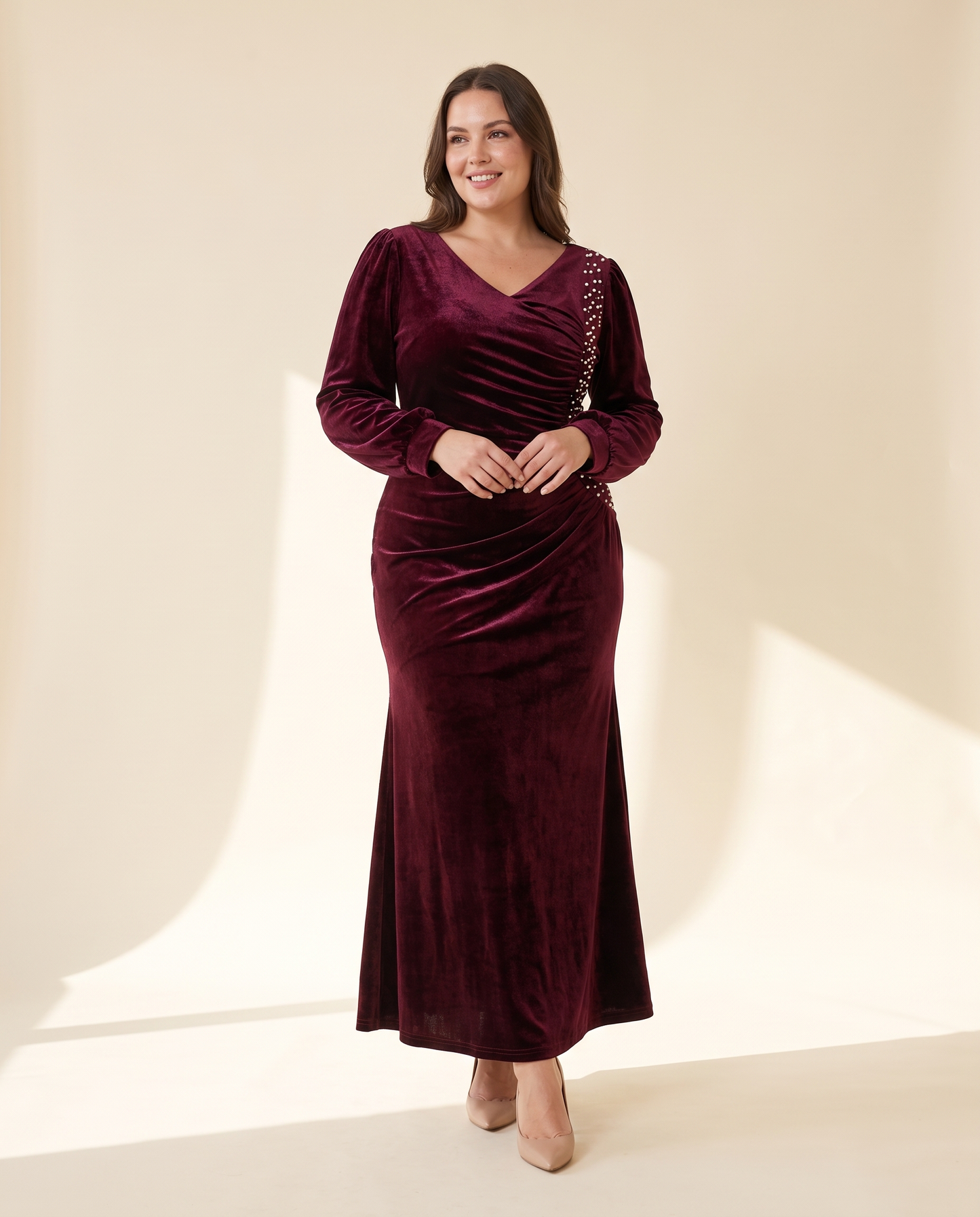 Plus Size Burgundy Velvet Pearl Cocktail Dress