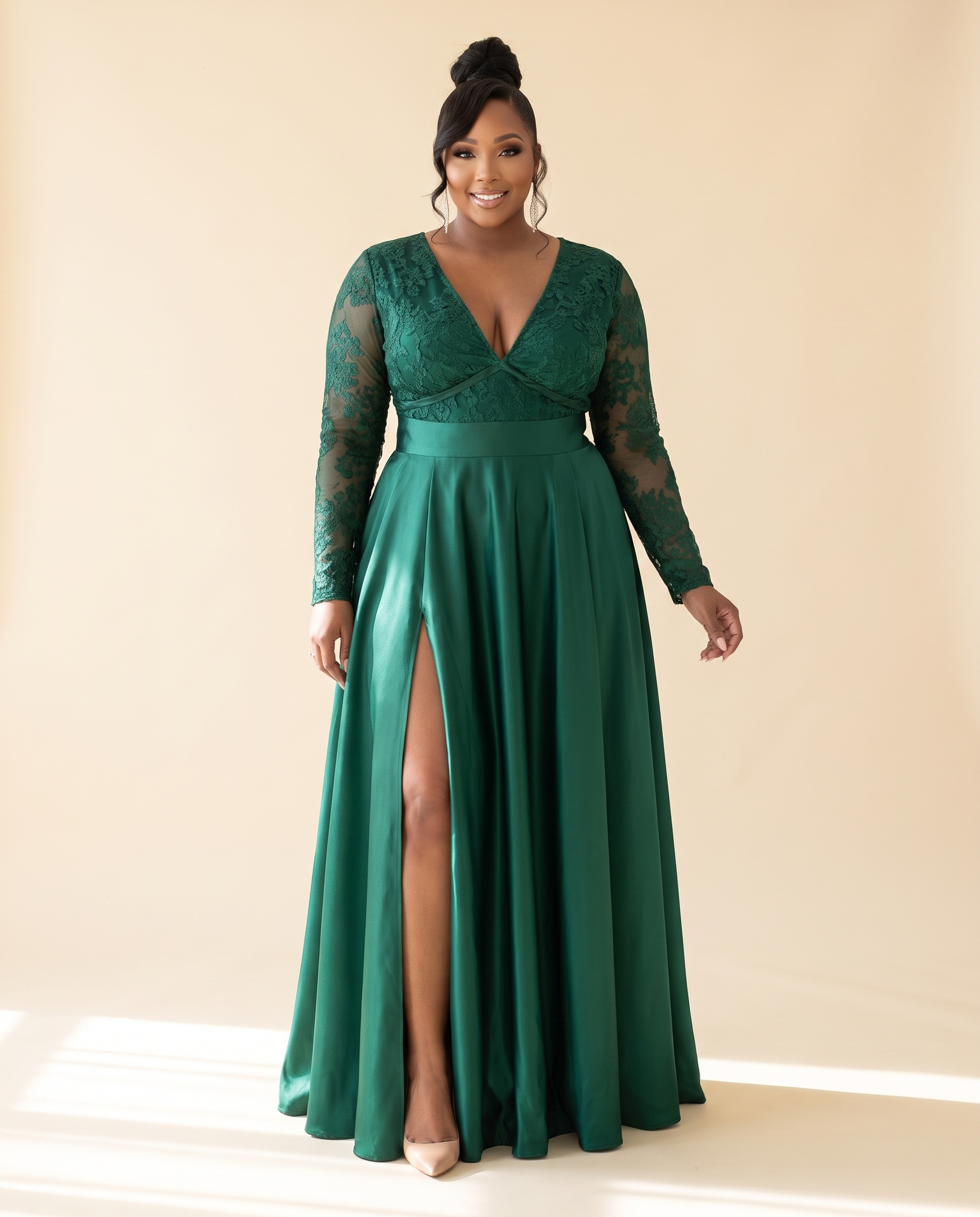 Plus Size Emerald Split Sleeve Formal Evening Gown
