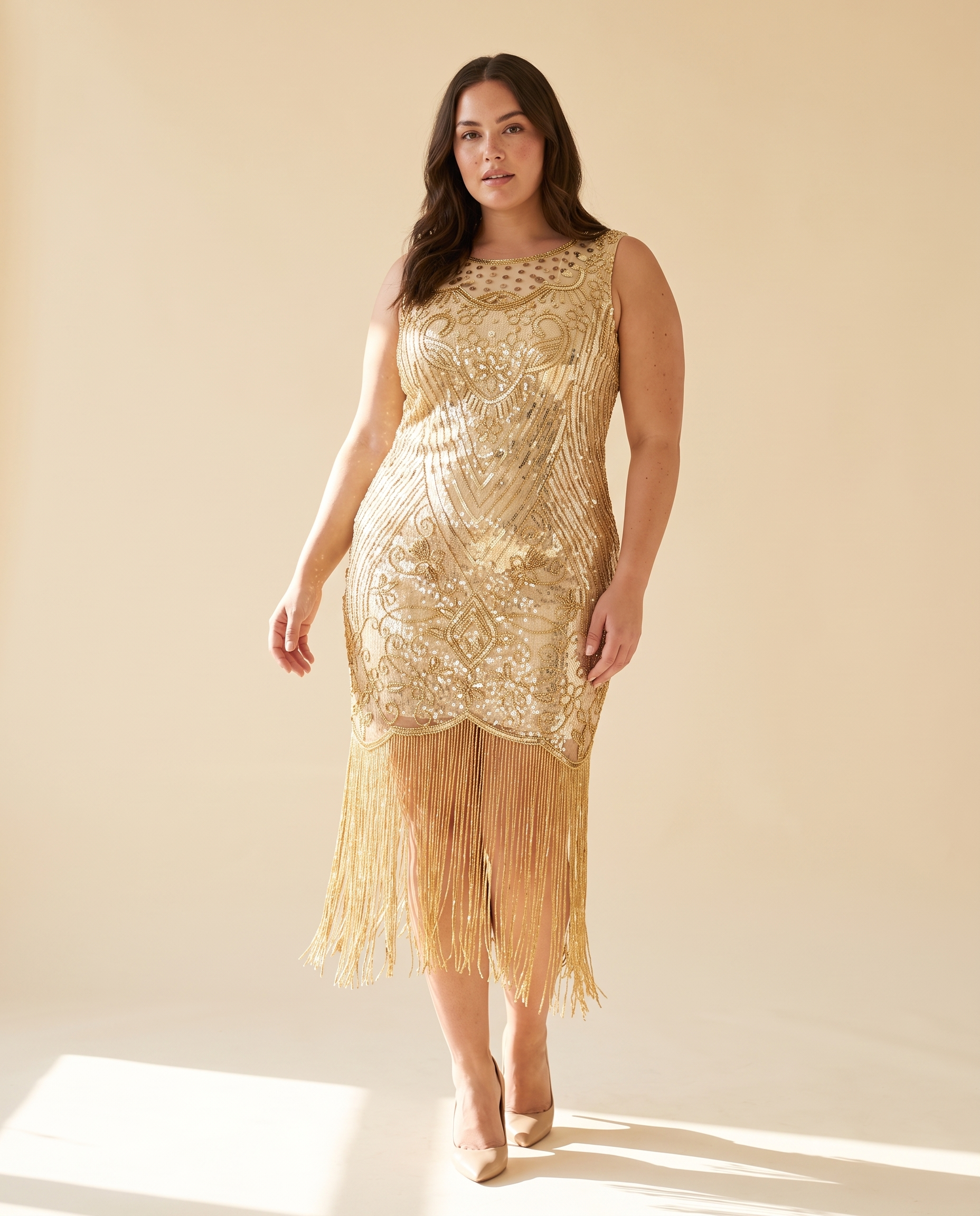 Plus Size Gold Sequin Fringe Cocktail Dress