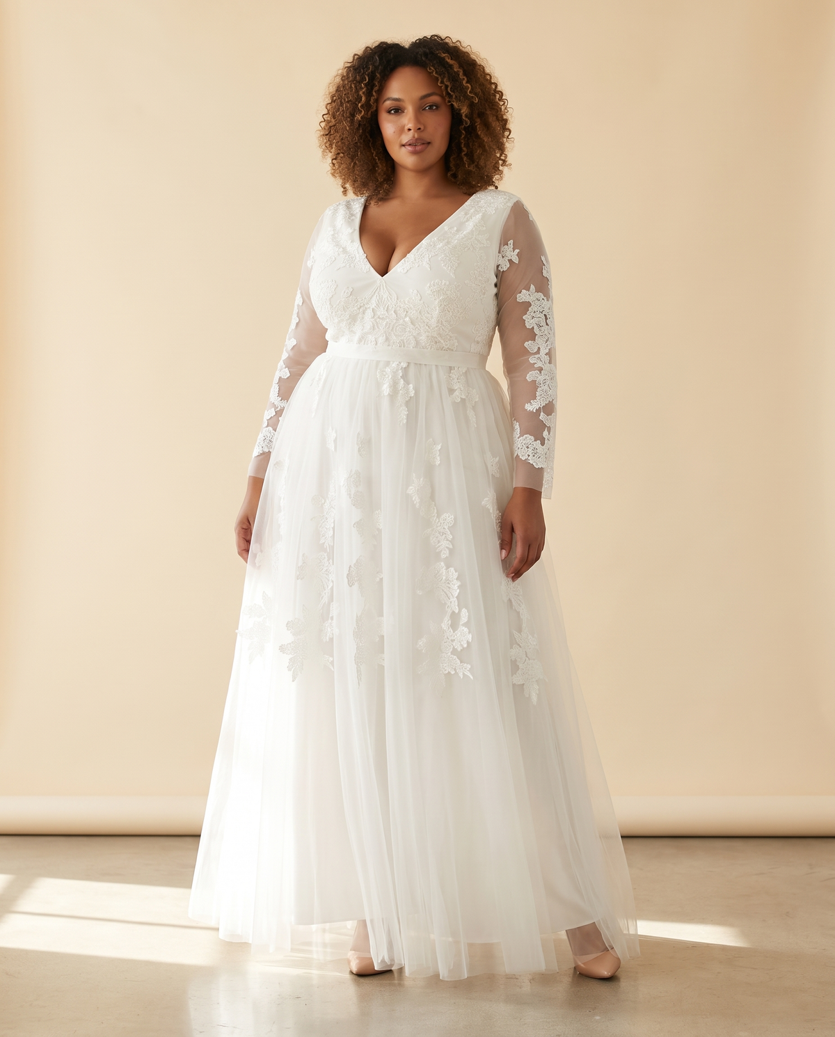 Plus Size Ivory Tulle Lace A Line Wedding Guest Gown