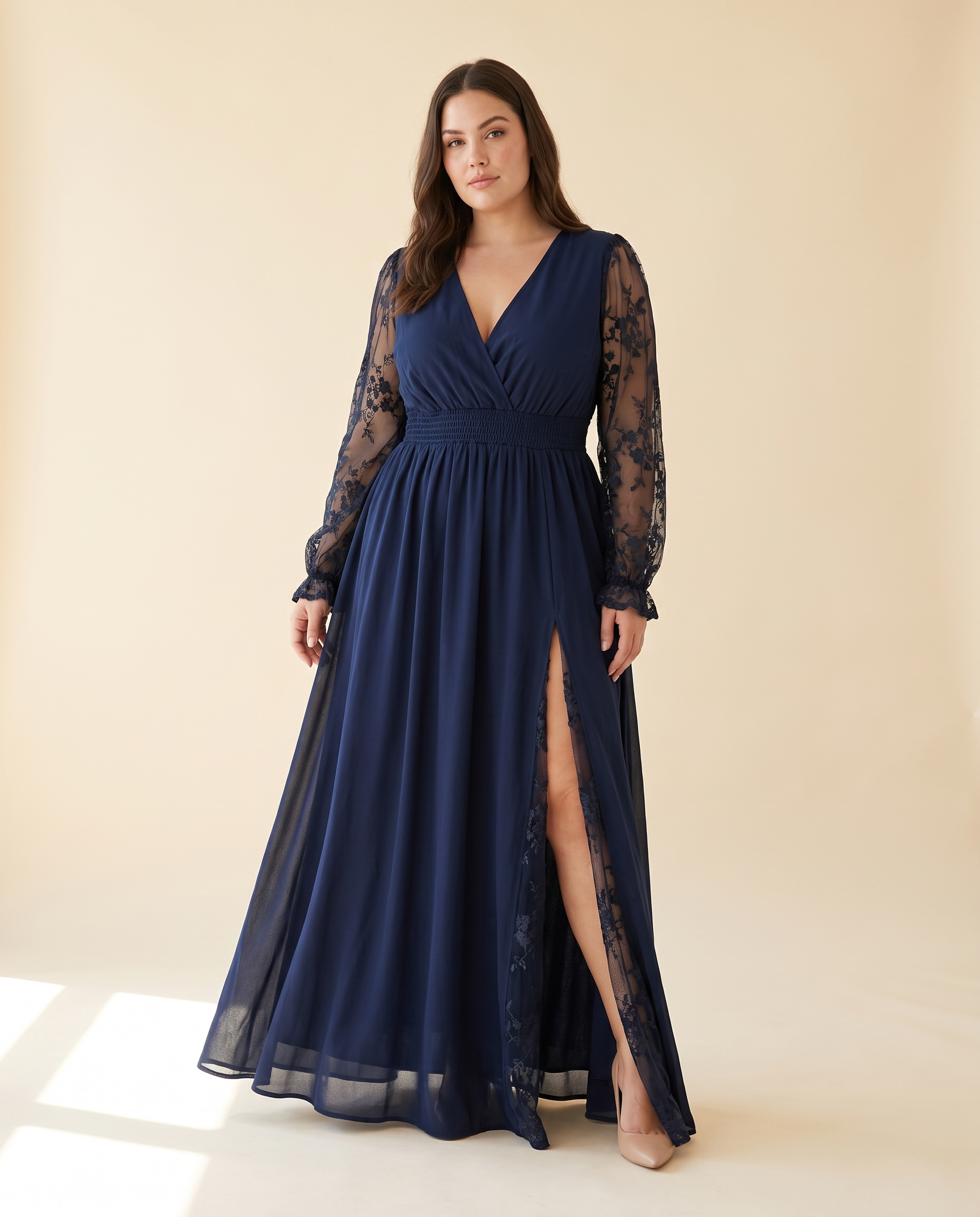 Plus Size Navy Mesh Sleeve Wedding Guest Dress