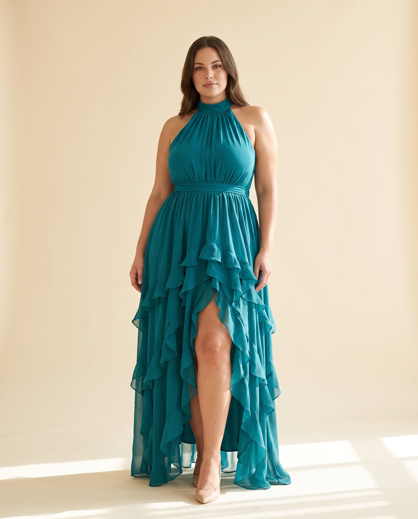 Plus Size Teal Halter Chiffon Cocktail Dress
